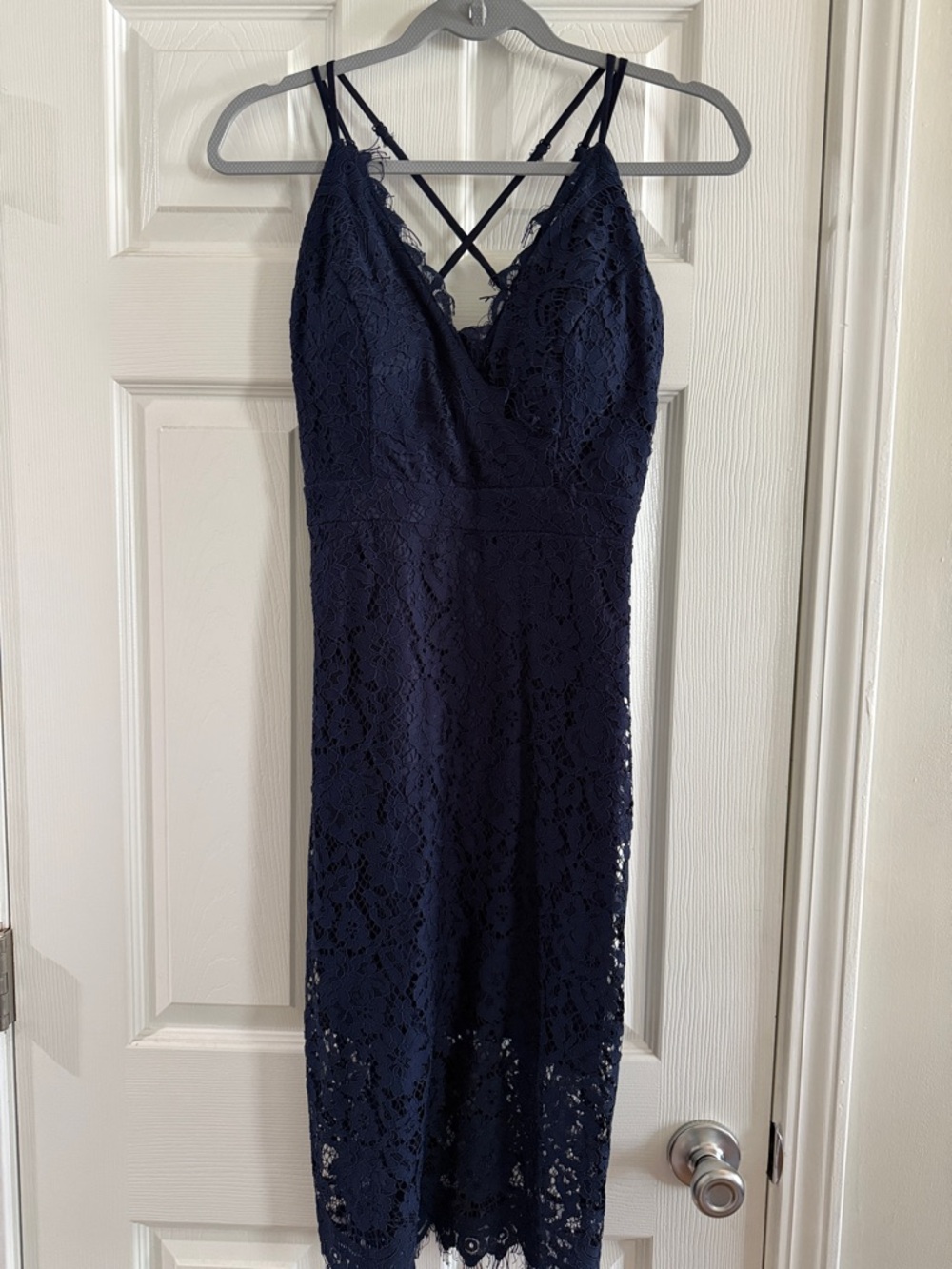 Navy Lace Midi Dress with Crisscross Straps